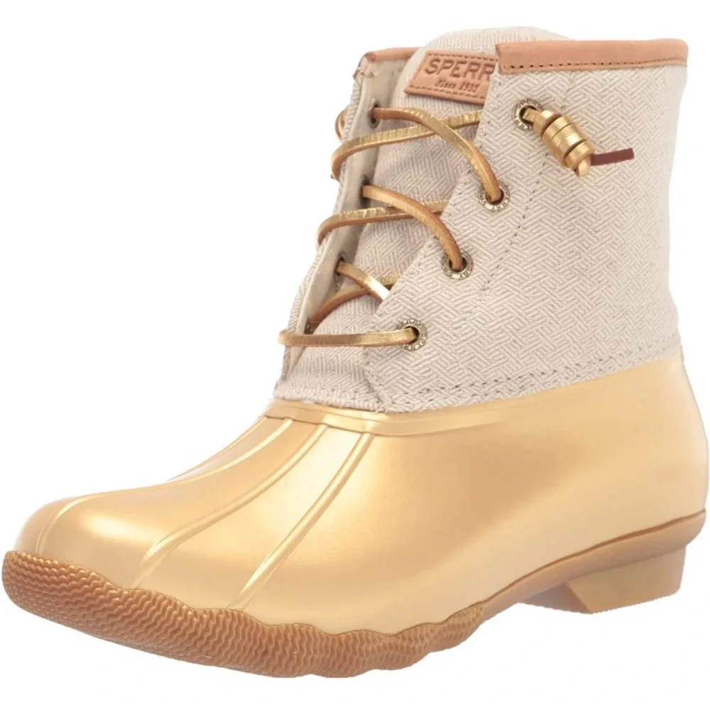 New Sperry Saltwater Metalic Gold Fleece Lined Waterproof Duck Rain Boot Sz 10